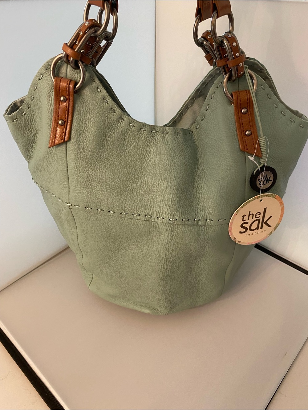 NWT -The Sak Indio Leather Shoulder Bag/Hobo in Seafoam with Tan Trim